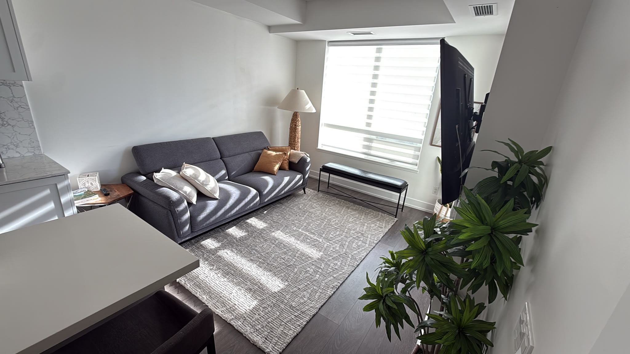 Bright Airbnb living area after a completed turnover