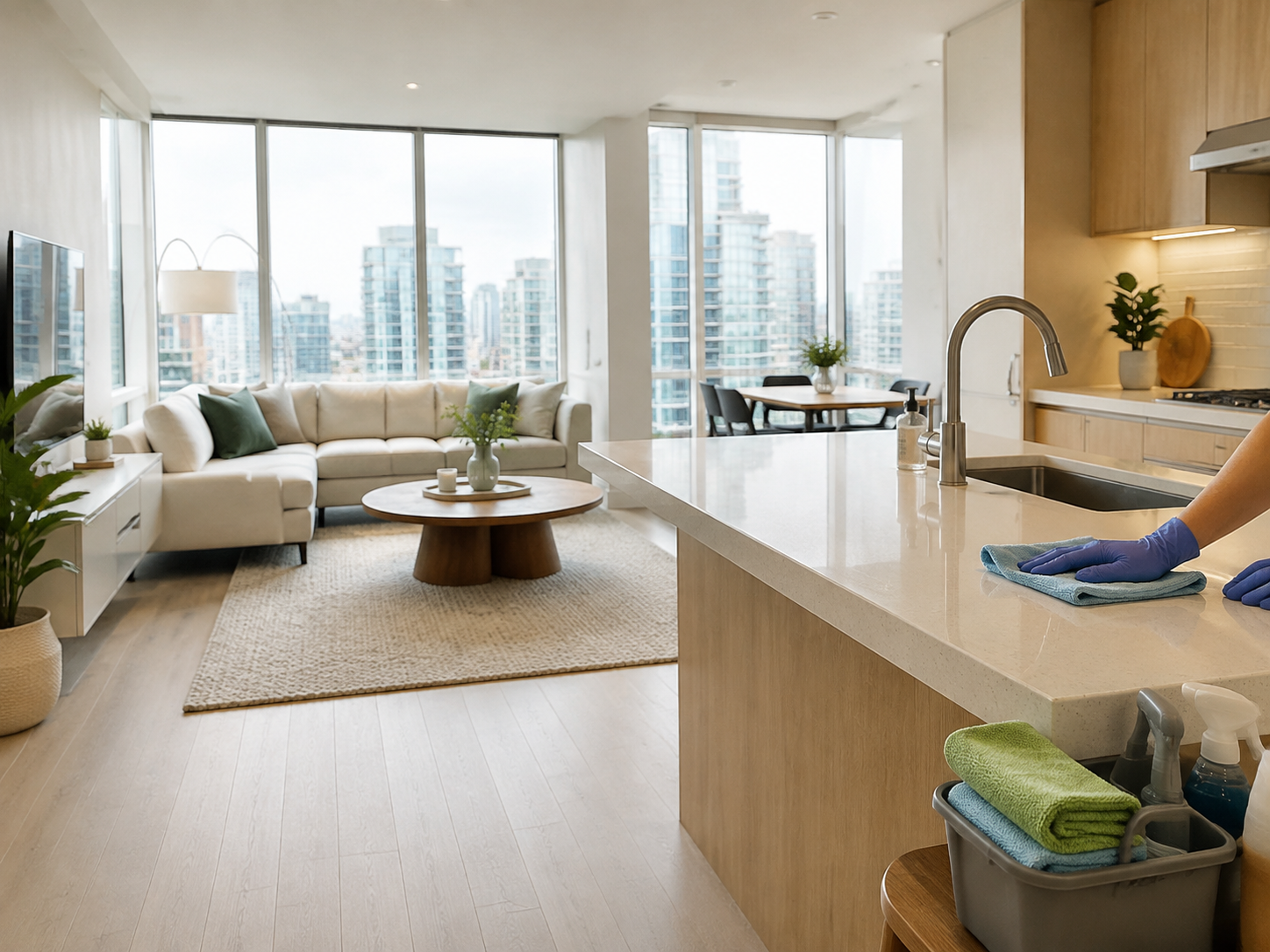 Professionally cleaned condo kitchen and living room